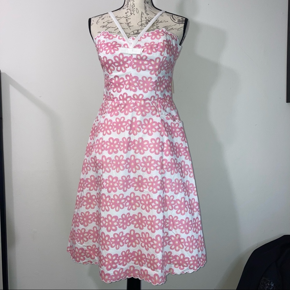Vintage Betsey Johnson White Dress Pink Floral 100% Cotton Dress Garden Party